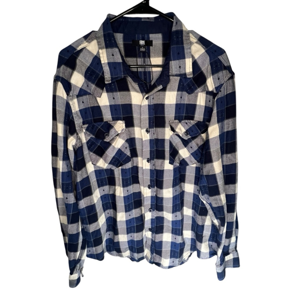 NWOT Frye Blue And White Flannel Button Up Shirt With Blue Stitching Detail